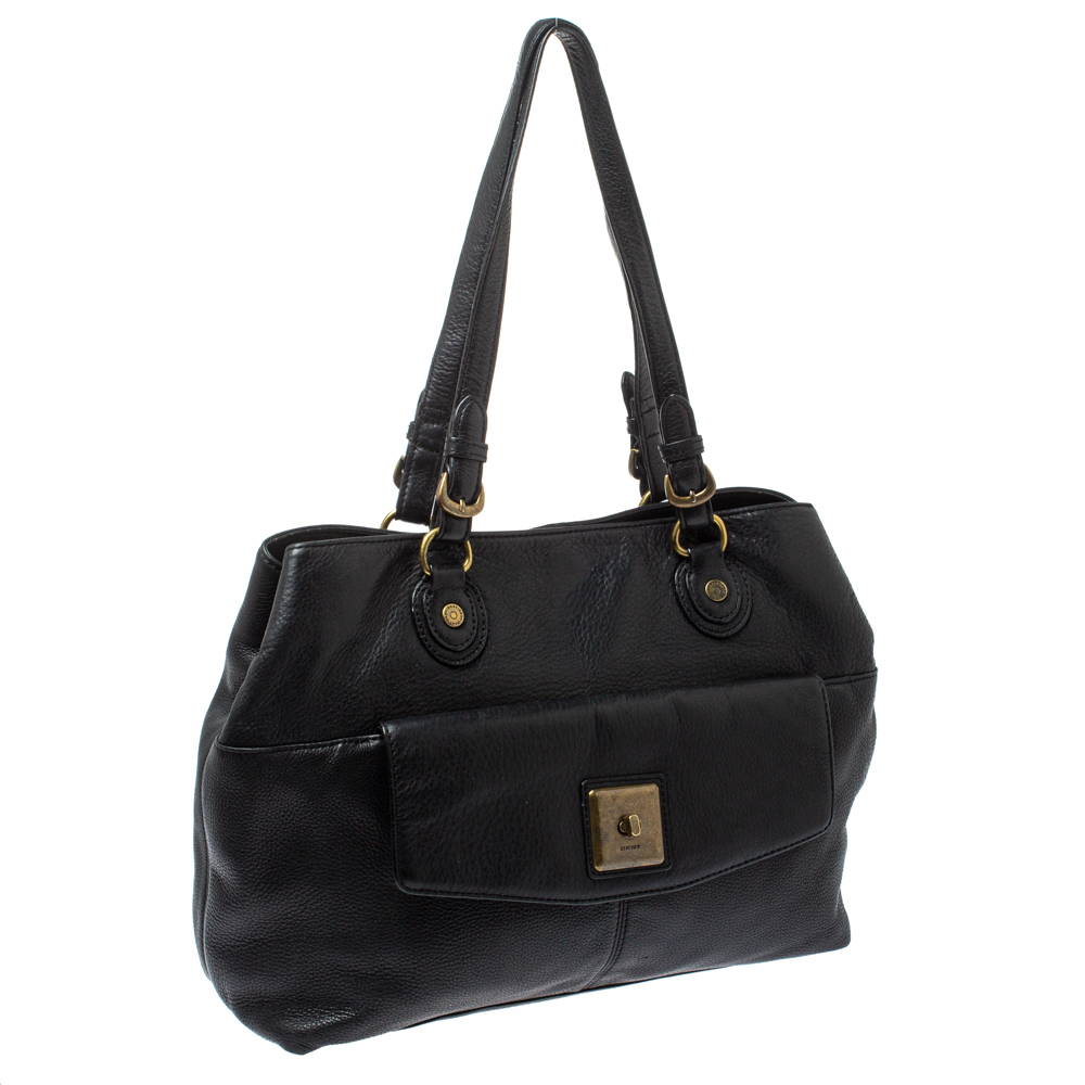 DKNY Black Leather Turnlock Pocket Tote - Picture 3 of 9